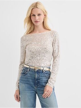 LOFT Women’s Wide Neck Beige and Siver Sequin Long Sleeve Tee NEW WITH TAGS M